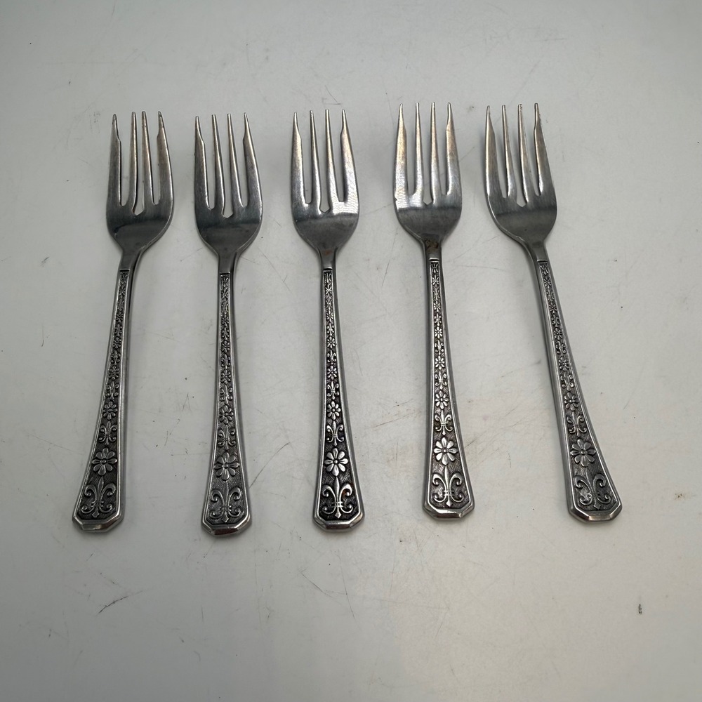 Interpur Florenz Stainless Steel Salad Forks Set of 5 Floral Fleur De Lis